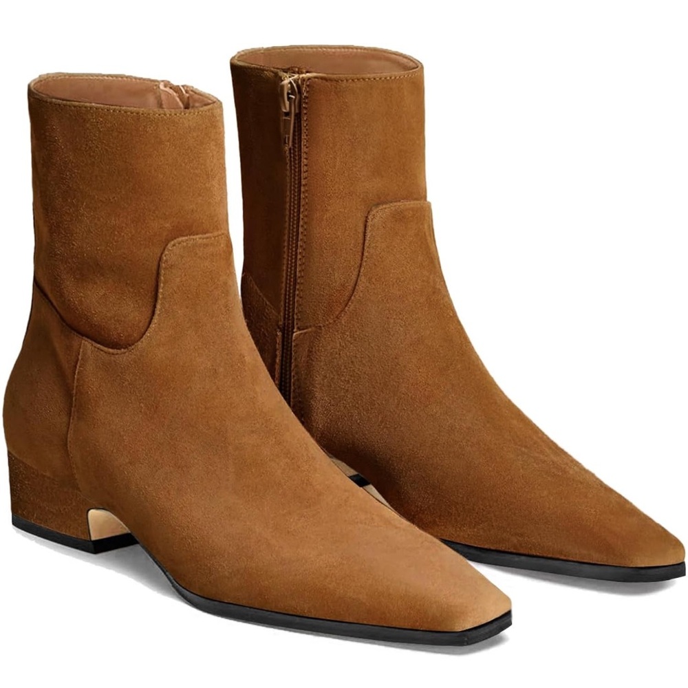 Brown Suede Women’s Ankle Boots Low Heel Square Pointed Toe Booties